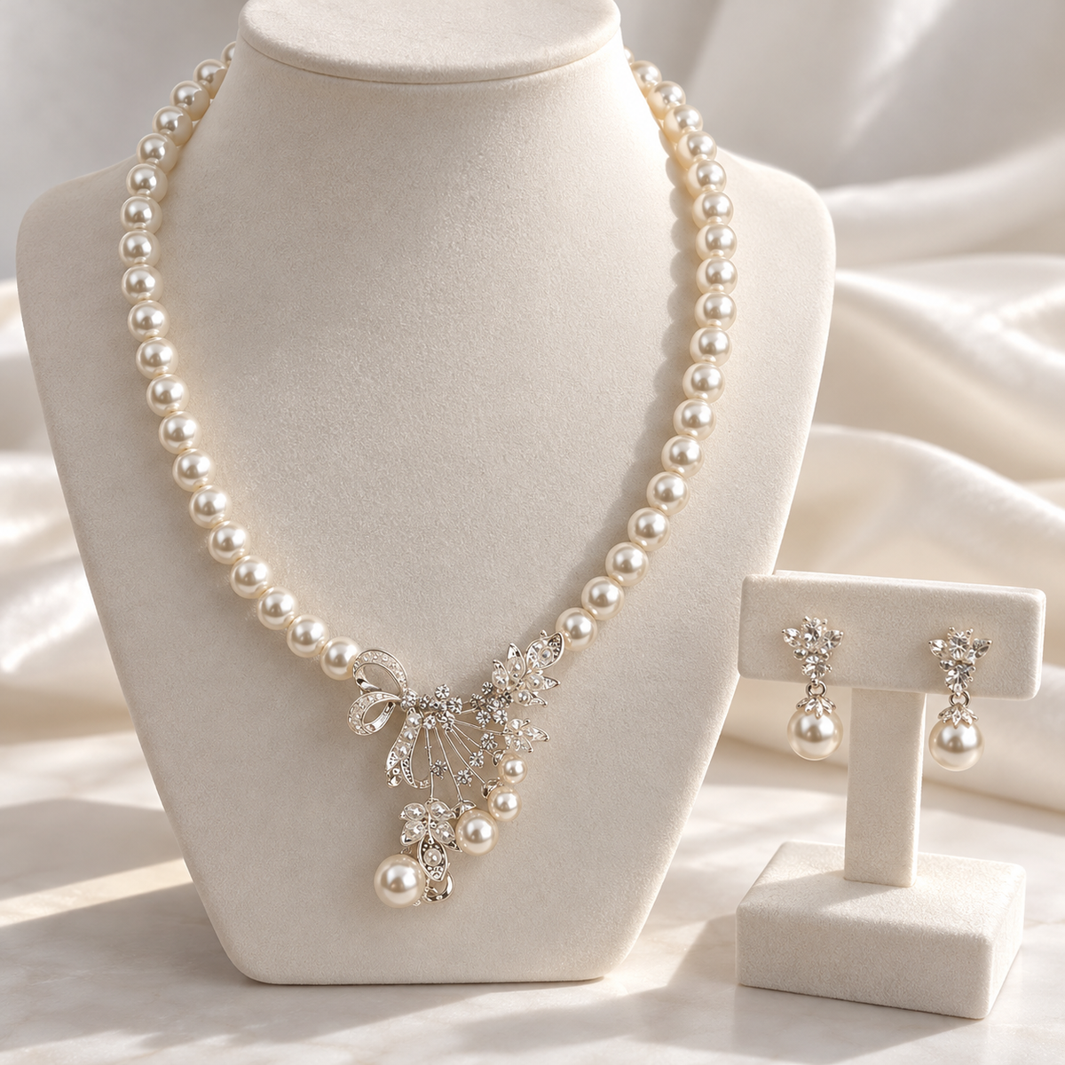 Ivory Pearl & Silver Floral Cascade Necklace and Earrings Set