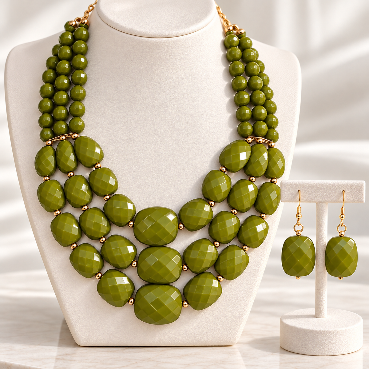 Olive Green Three-Strand Statement Necklace & Earrings Set.