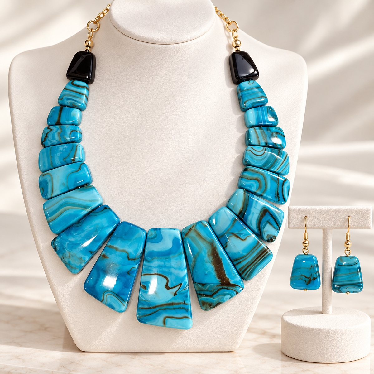Turquoise Blue Marbled Statement Necklace & Earrings Set