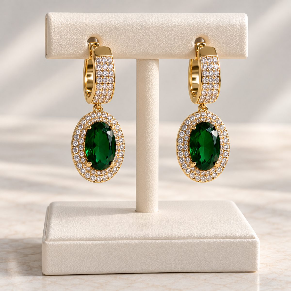 Emerald Green Oval Halo Drop Earrings