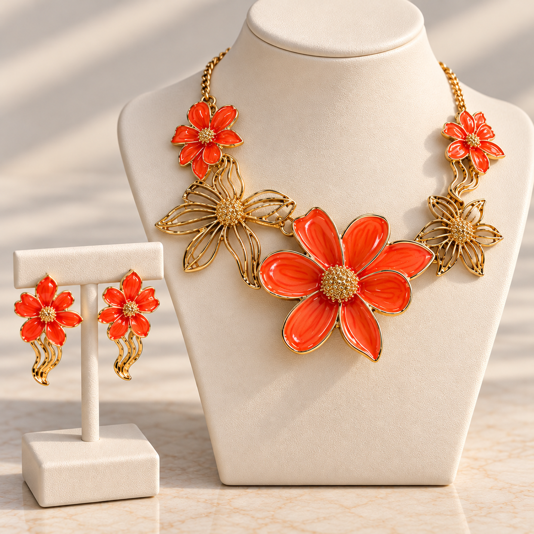 Coral Bloom Floral Statement Necklace & Earrings Set