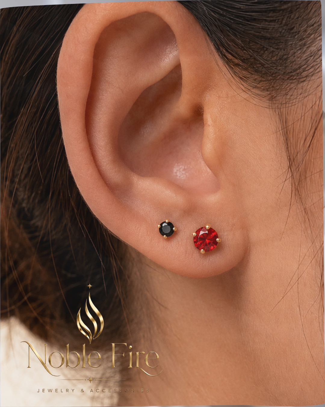Gold Plated Red and Black Zirconia Stud Earrings